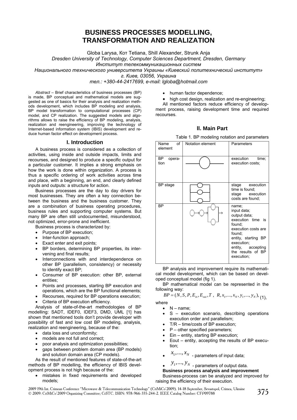 BUSINESS PROCESSES MODELLING, TRANSFORMATION AND REALI-ZATION by user
