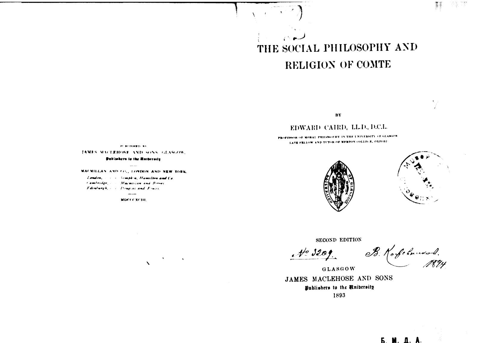 BY Edward Caird, Caird - The social philosophy and religion of comte by 1893