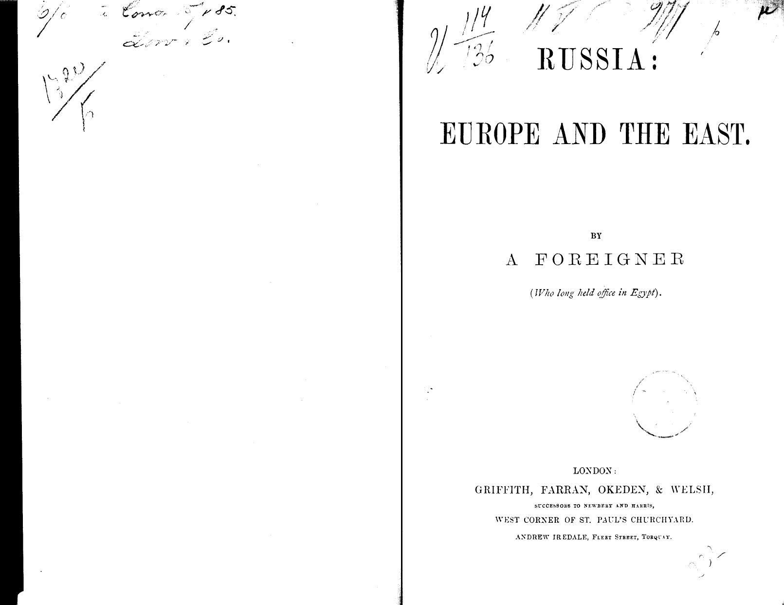BY Foreigner (WHO LONG HELD Office IN Egypt) - Russia  europe and the east by 1800