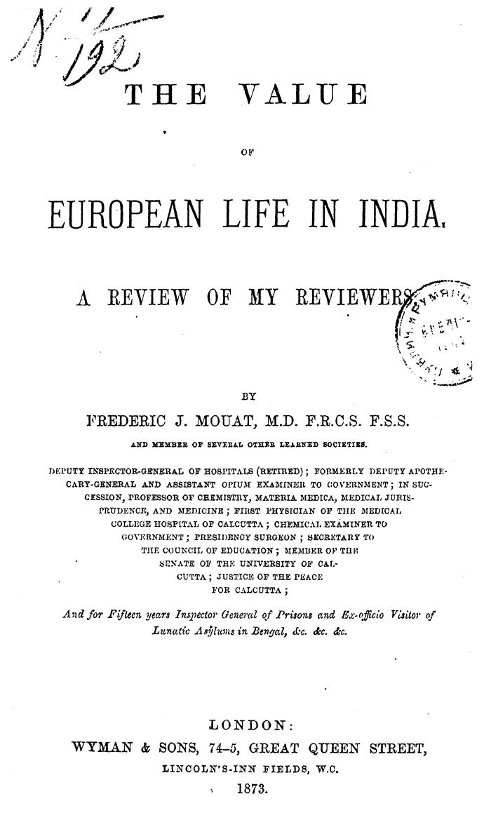 BY Frederic J. Mouat - The value of european life in india by 1873