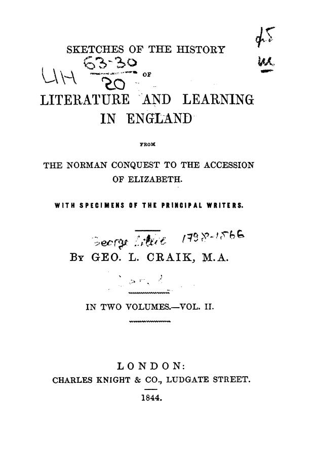 BY GEO. L. Craik - Sketches of the history of literature and learning in england . vol. 2 by 1844