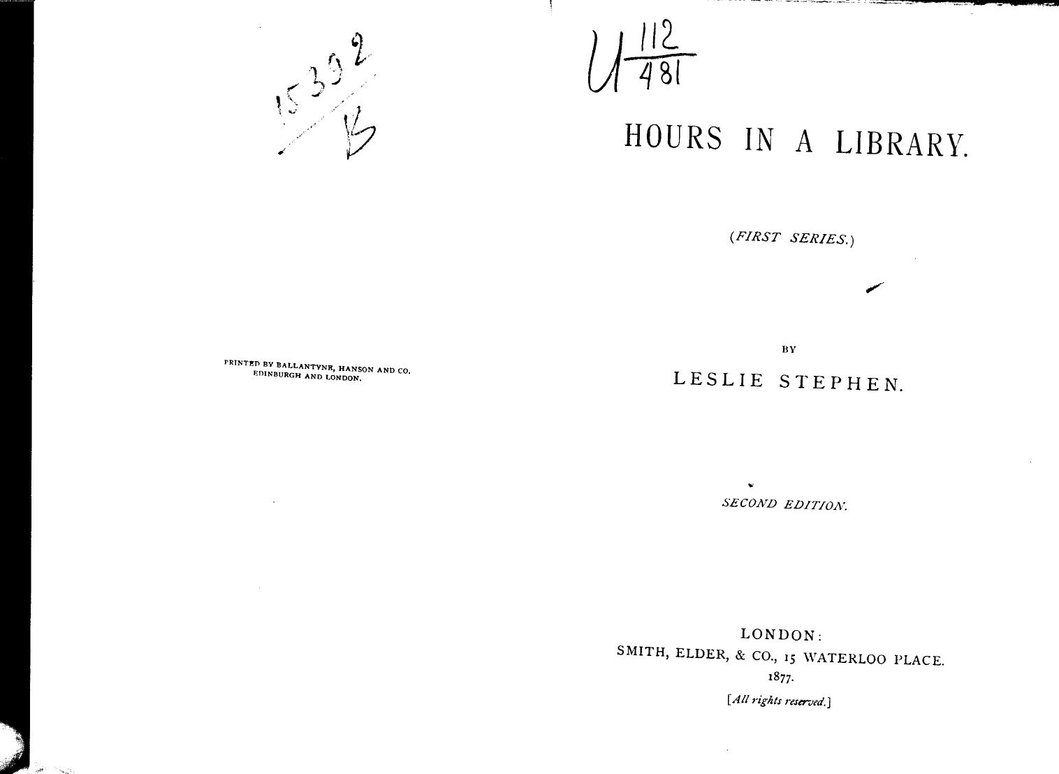 BY Leslie Stephen - Hours in a library. series 1 by 1877