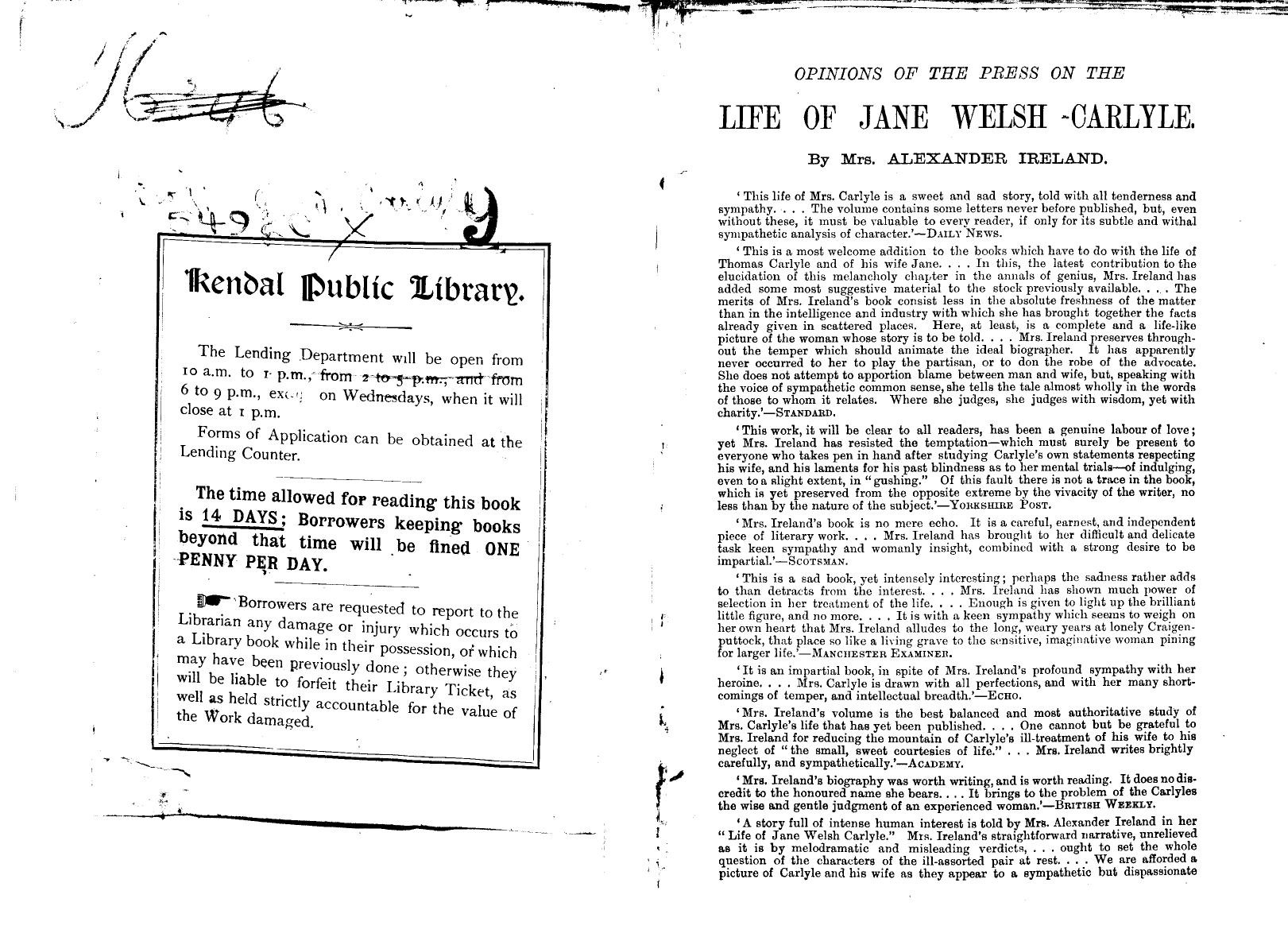 BY MRS. Alexander Ireland - Life of jane welsh carlyle by 1891