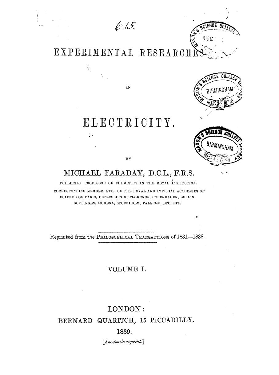 BY Machael Faraday - Experimental researches in electricity  . vol. 1 by 1839