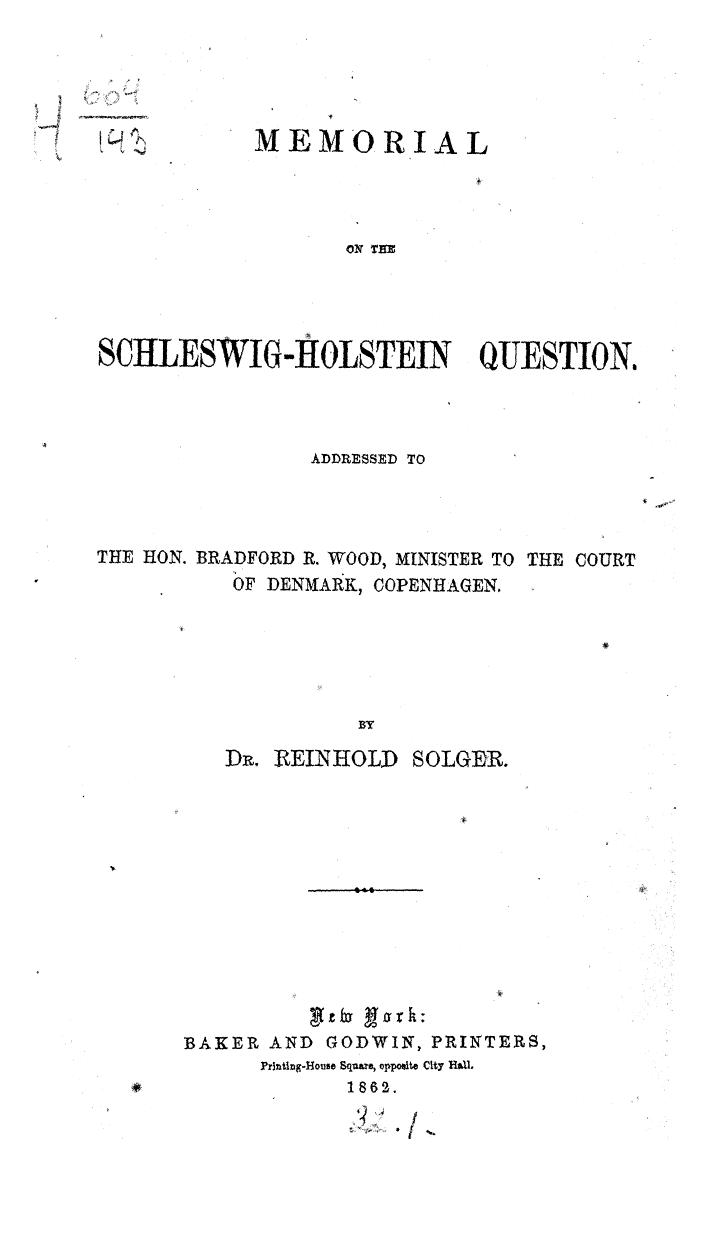 BY Reinhold Solger, Solger - Memorial on the schleswig-holstein question by 1862