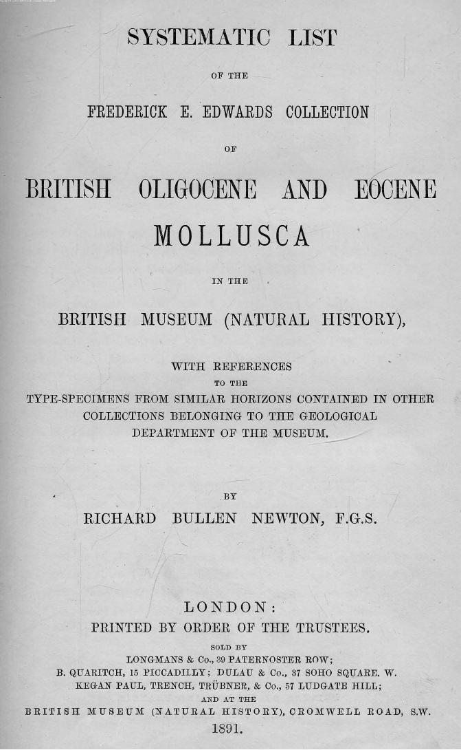 BY Richard Bullen Newton - Systematic list of the frederick e. edwards collection of british oligocene and by 1891