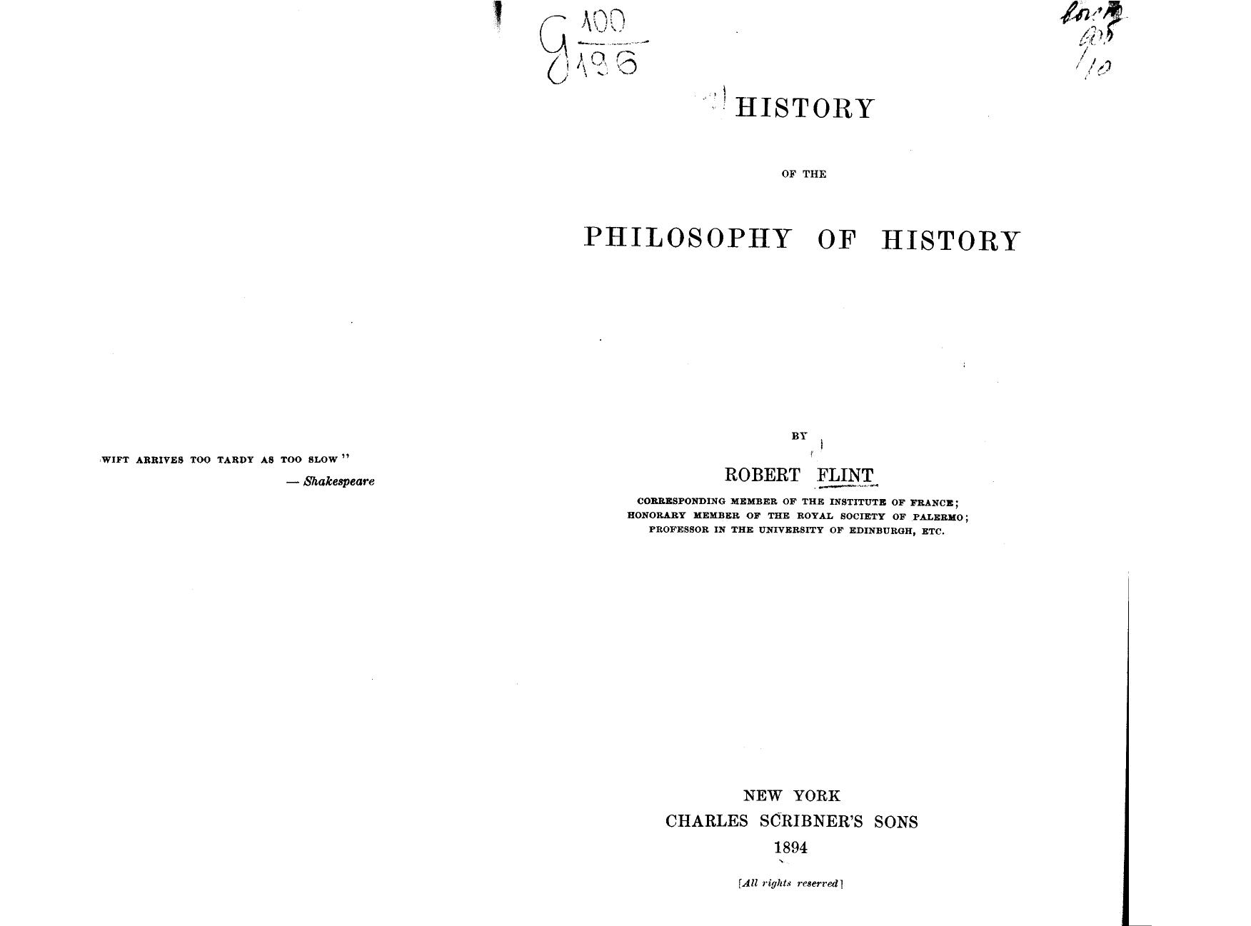BY Robert Flint, Flint - Historical philosophy in france and french belgium, and switzerland by 1894