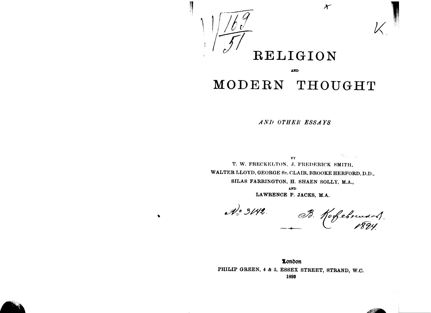 BY T.W. Freckelton, J. Frederick Smith - Religion and modern thought by 1898