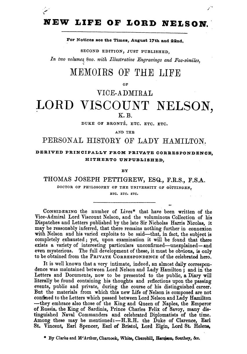 BY Thomas Joseph Pettigrew - Memoirs of the life of vice-admiral lord viscount nelson and the personal histor by 1849