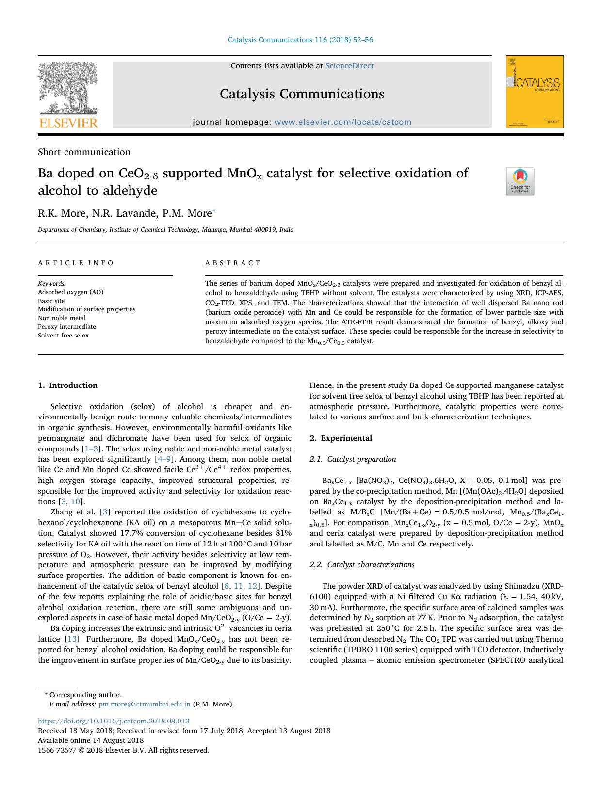 Ba doped on CeO2-Î´ supported MnOx catalyst for selective oxidation of alcohol to aldehyde by R.K. More & N.R. Lavande & P.M. More