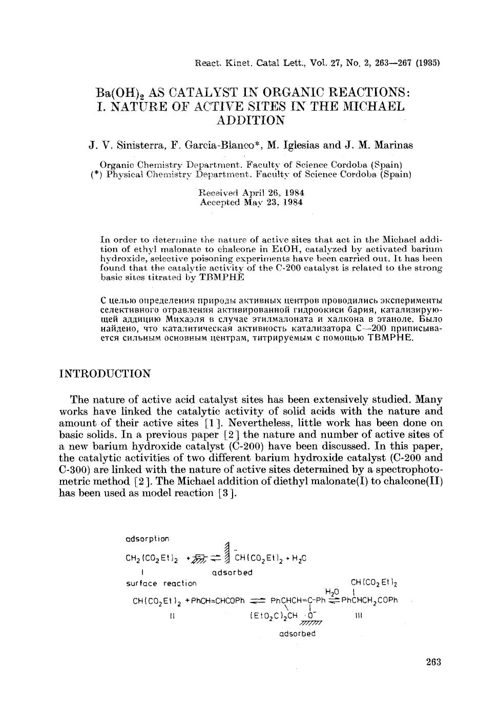 Ba(OH) <Subscript>2 <Subscript> as catalyst in organic reactions: I. Nature of active sites in the michael addition by Unknown