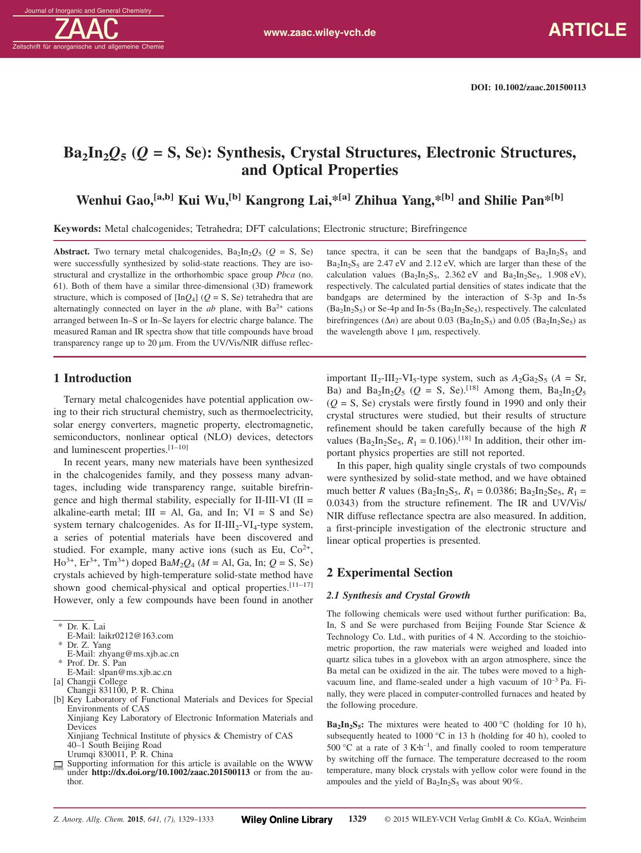 Ba2In2Q5 (Q = S, Se): Synthesis, Crystal Structures, Electronic Structures, and Optical Properties by Unknown