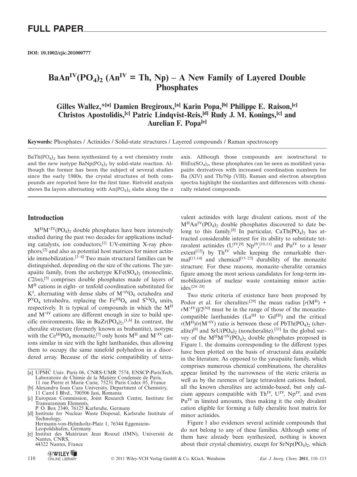 BaAnIV(PO4)2 (AnIV = Th, Np) A New Family of Layered Double Phosphates by Unknown