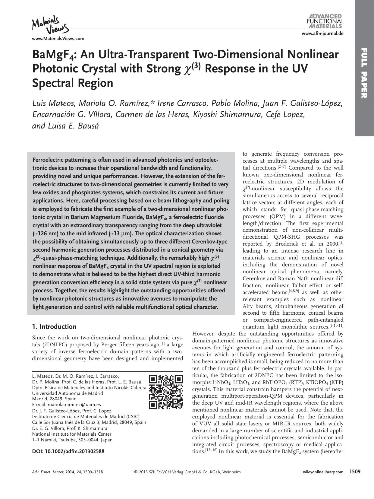 BaMgF4: An UltraTransparent TwoDimensional Nonlinear Photonic Crystal with Strong (3) Response in the UV Spectral Region by s-w-270