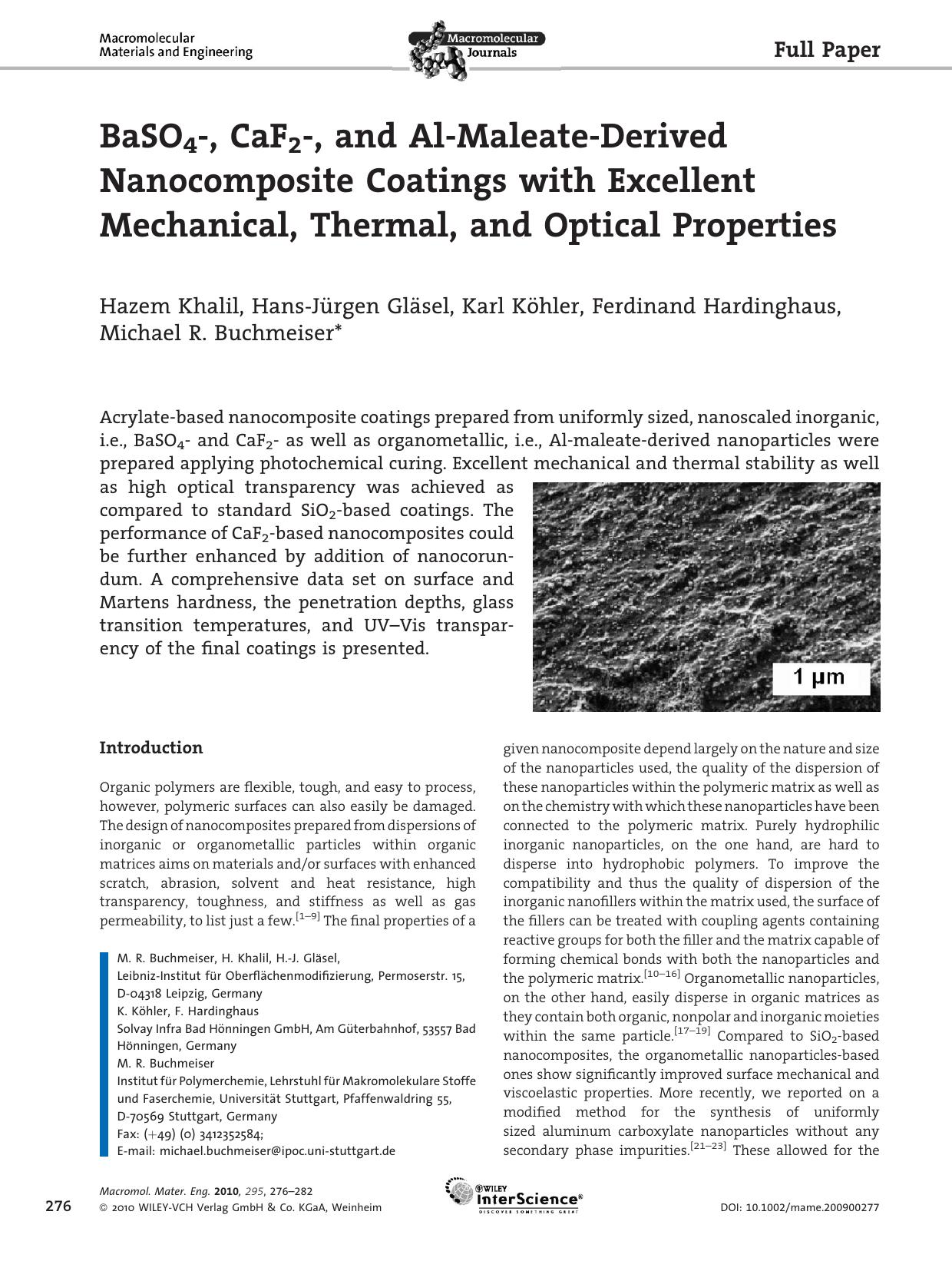 BaSO4-, CaF2-, and Al-Maleate-Derived Nanocomposite Coatings with Excellent Mechanical, Thermal, and Optical Properties by Unknown