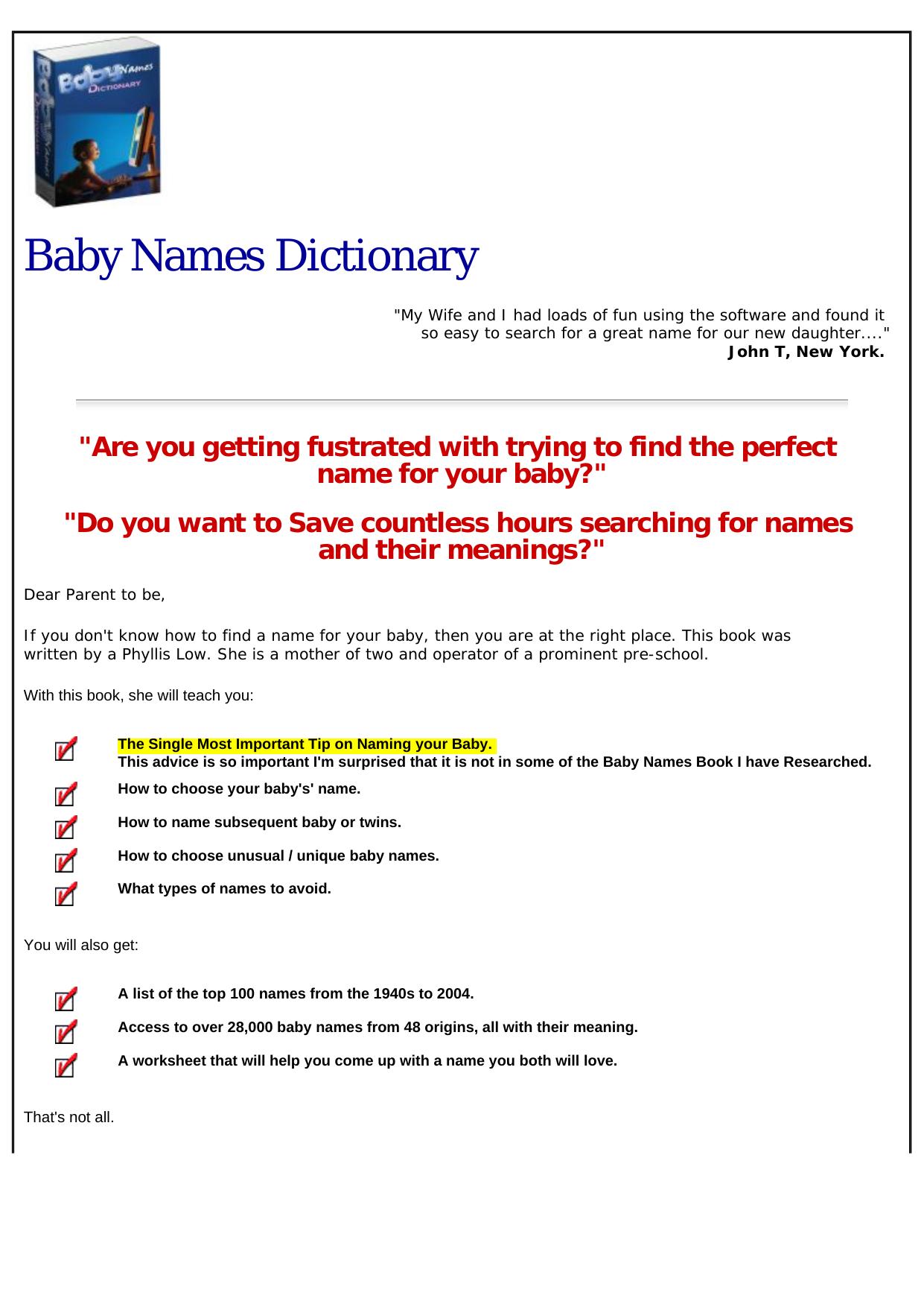 Baby Names Dictionary. by Best of Kuszter's Collection