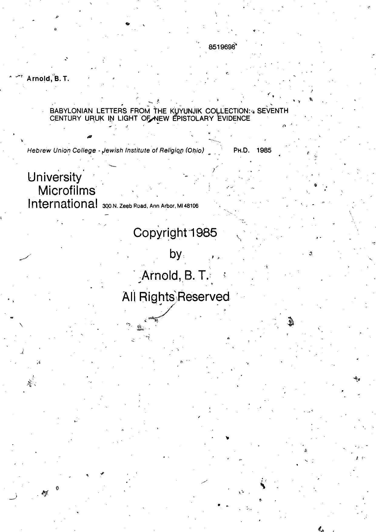 Babylonian Letters from the Kuyunjik Collection: Seventh Century Uruk in Light of New Epistolary Evidence by B. T. Arnold