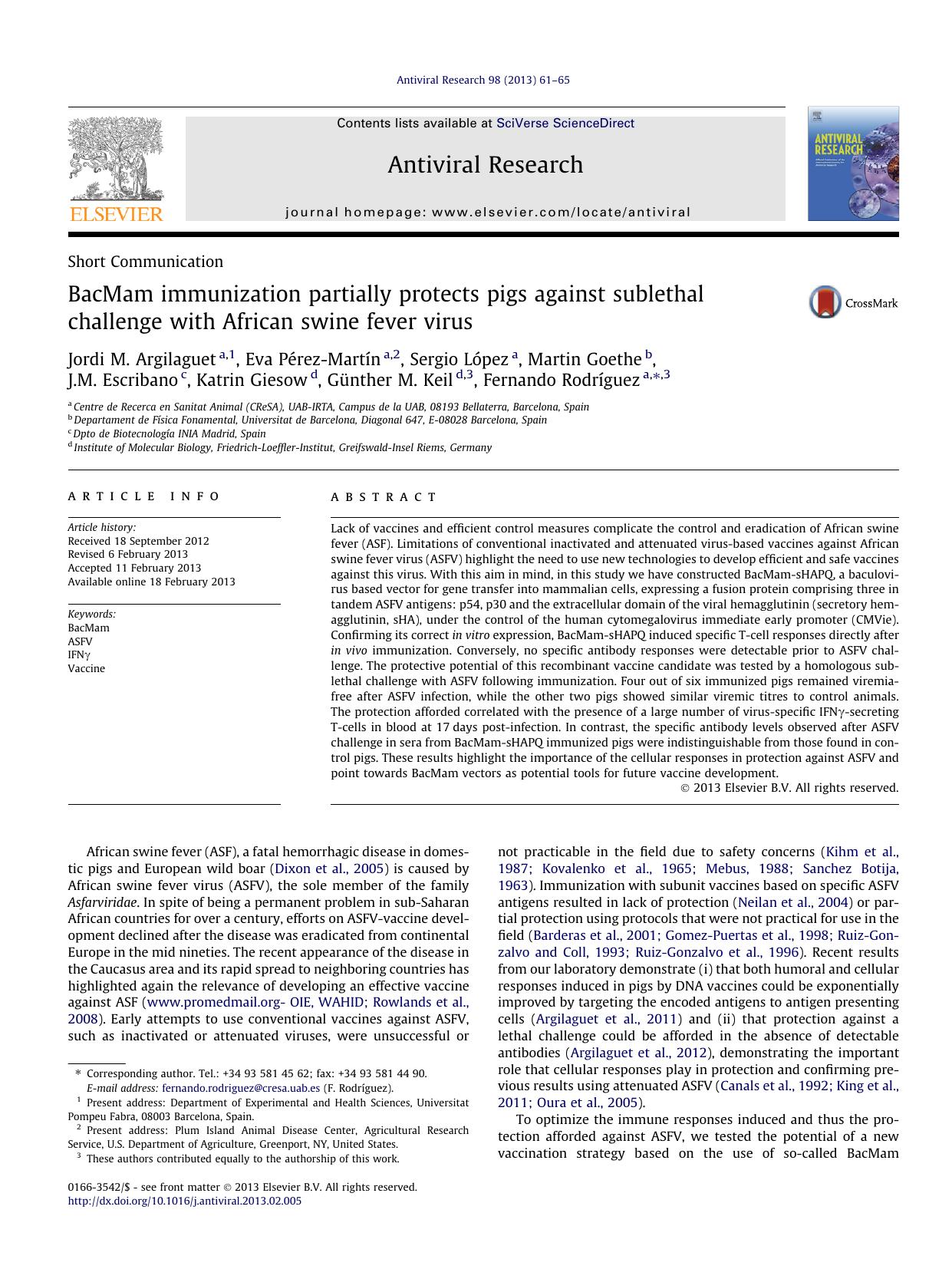 BacMam immunization partially protects pigs against sublethal challenge with African swine fever virus by unknow