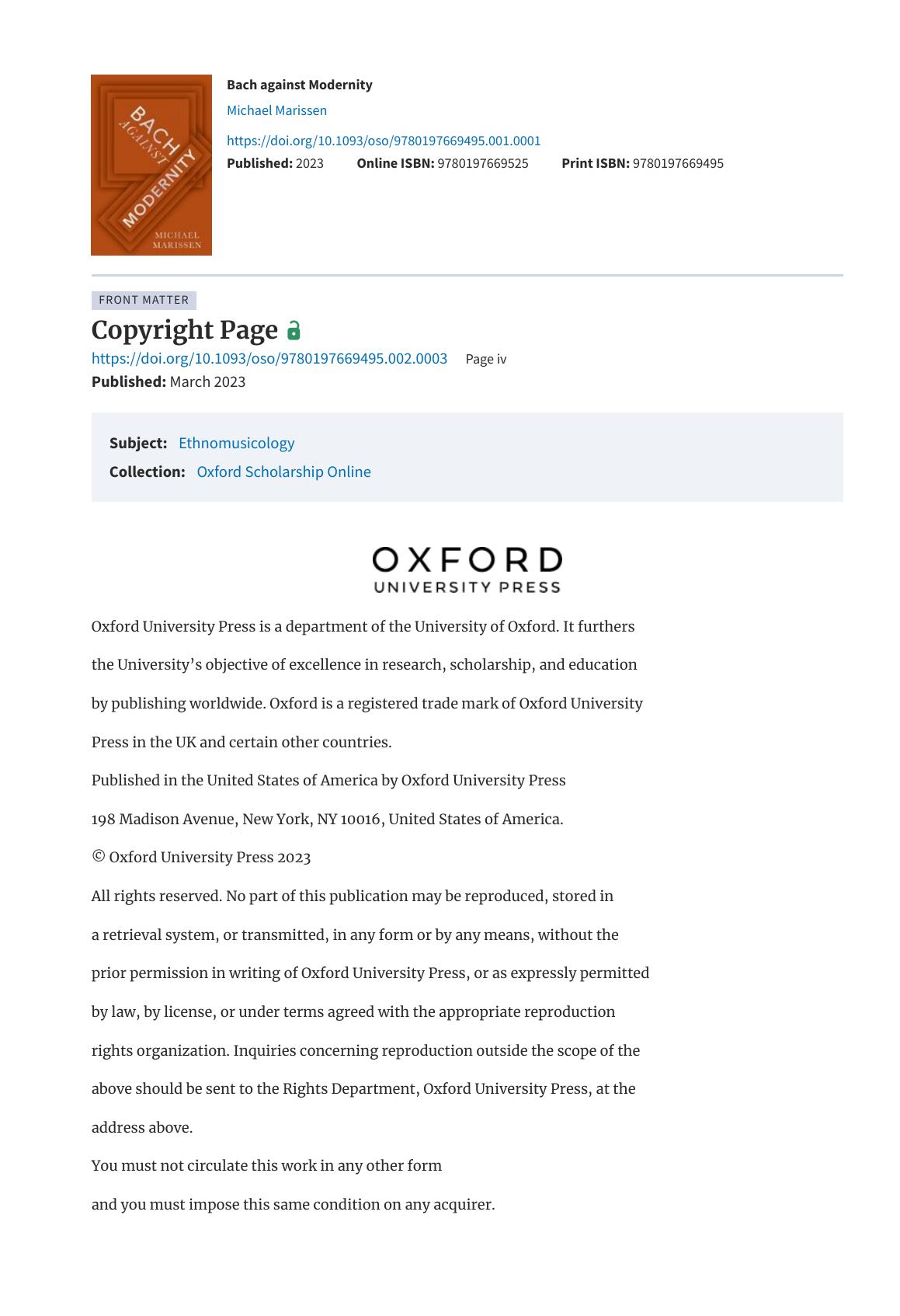 Bach against Modernity by Michael Marissen