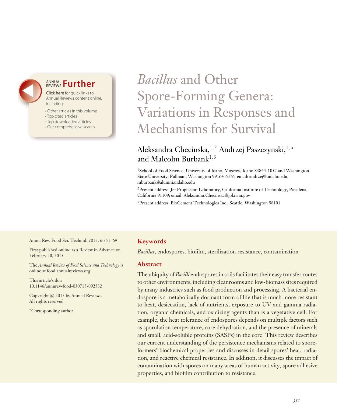 Bacillus and Other Spore-Forming Genera: Variations in Responses and Mechanisms for Survival by Aleksandra Checinska Andrzej Paszczynski Malcolm Burbank