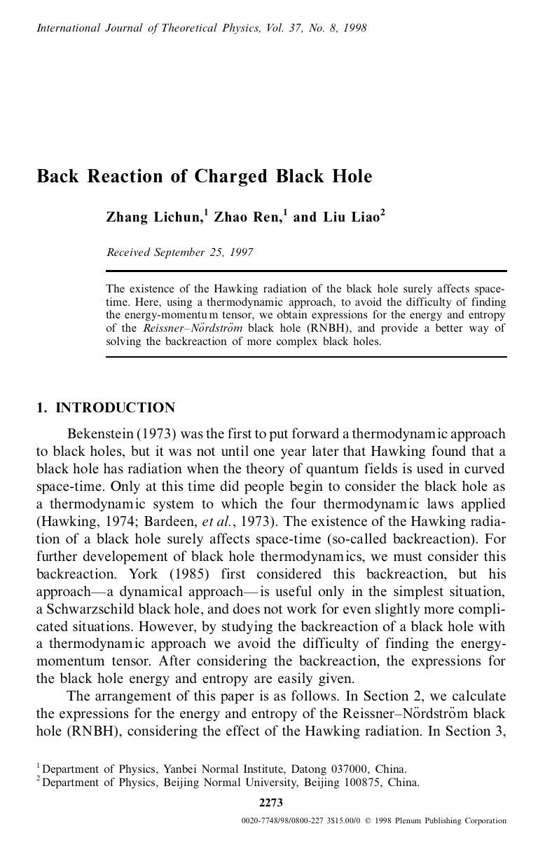 Back Reaction of Charged Black Hole by Unknown