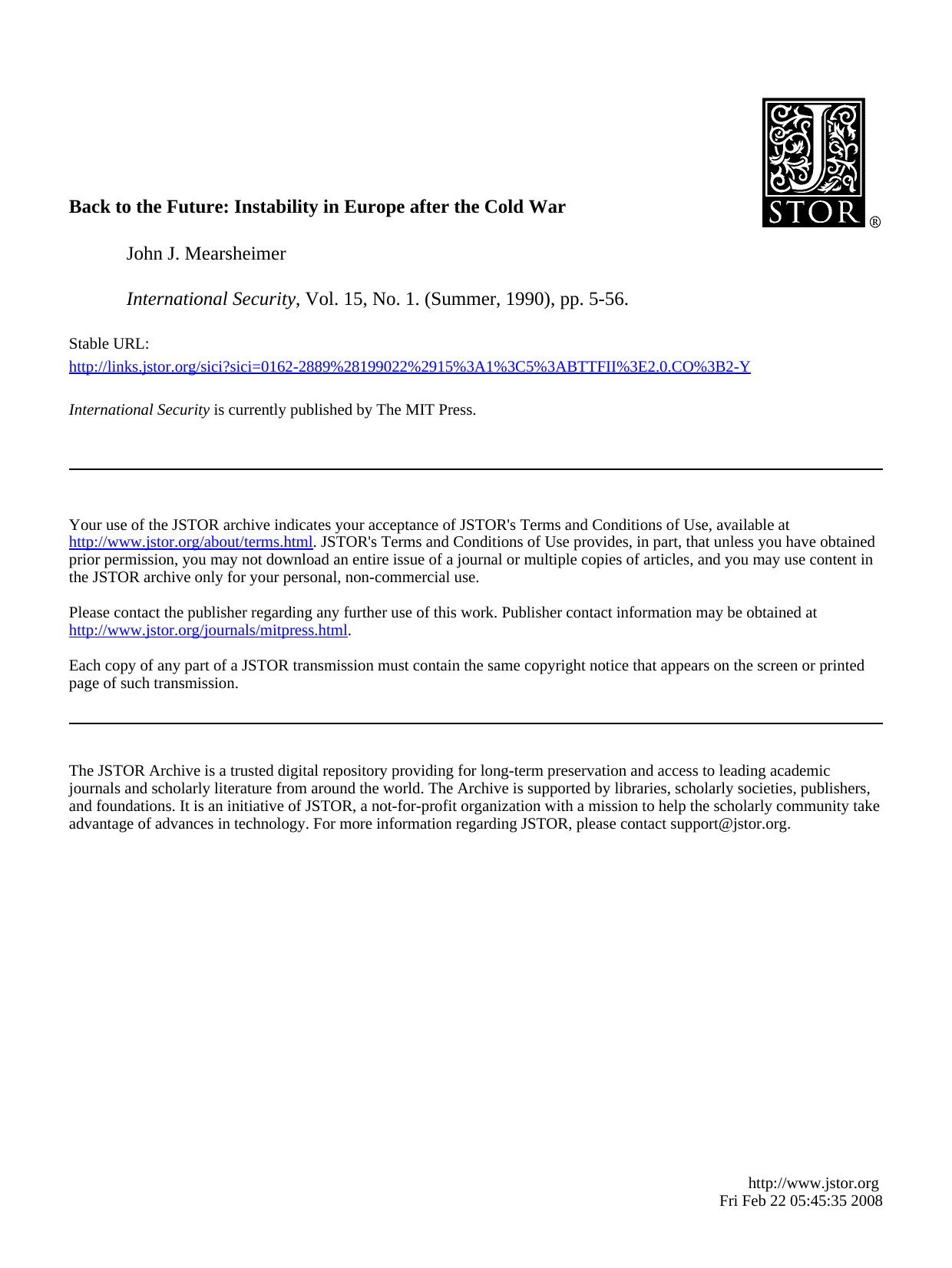 Back to the Future: Instability in Europe after the Cold War by Mearsheimer J.J
