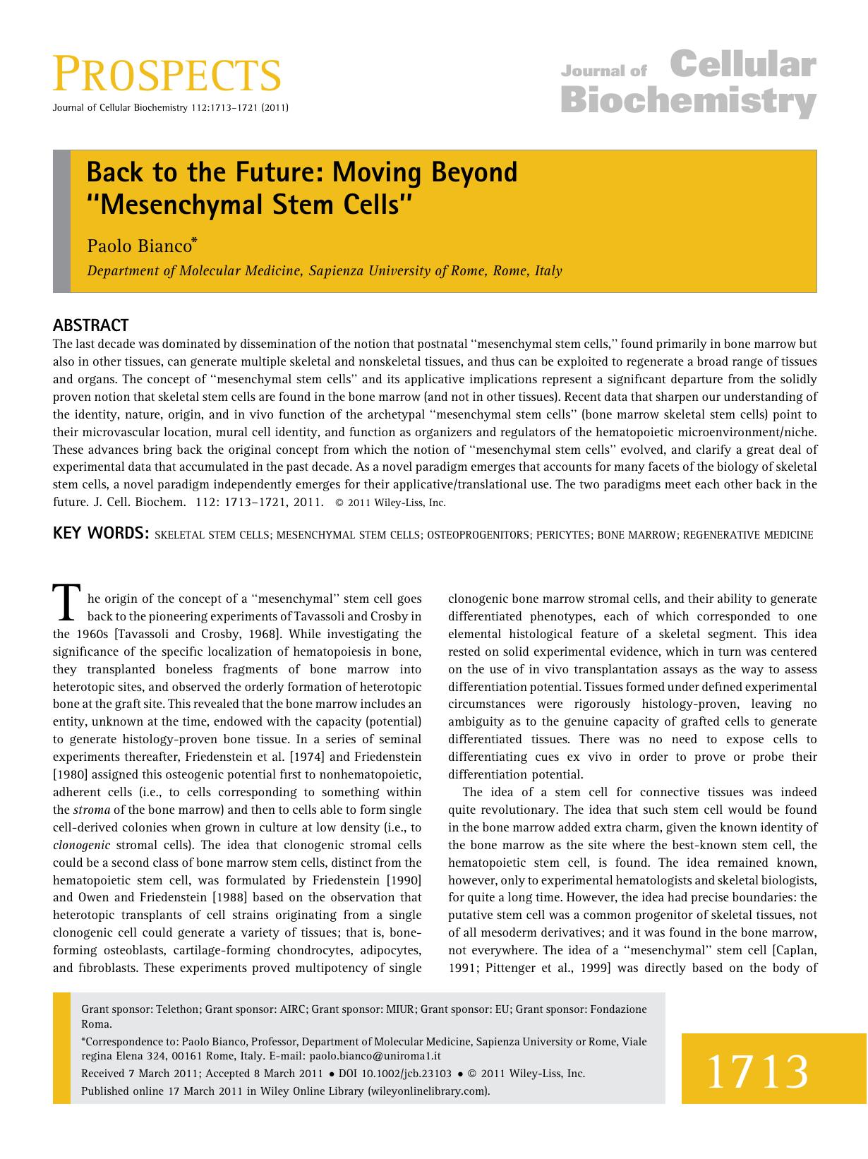 Back to the future: Moving beyond mesenchymal stem cells by Unknown