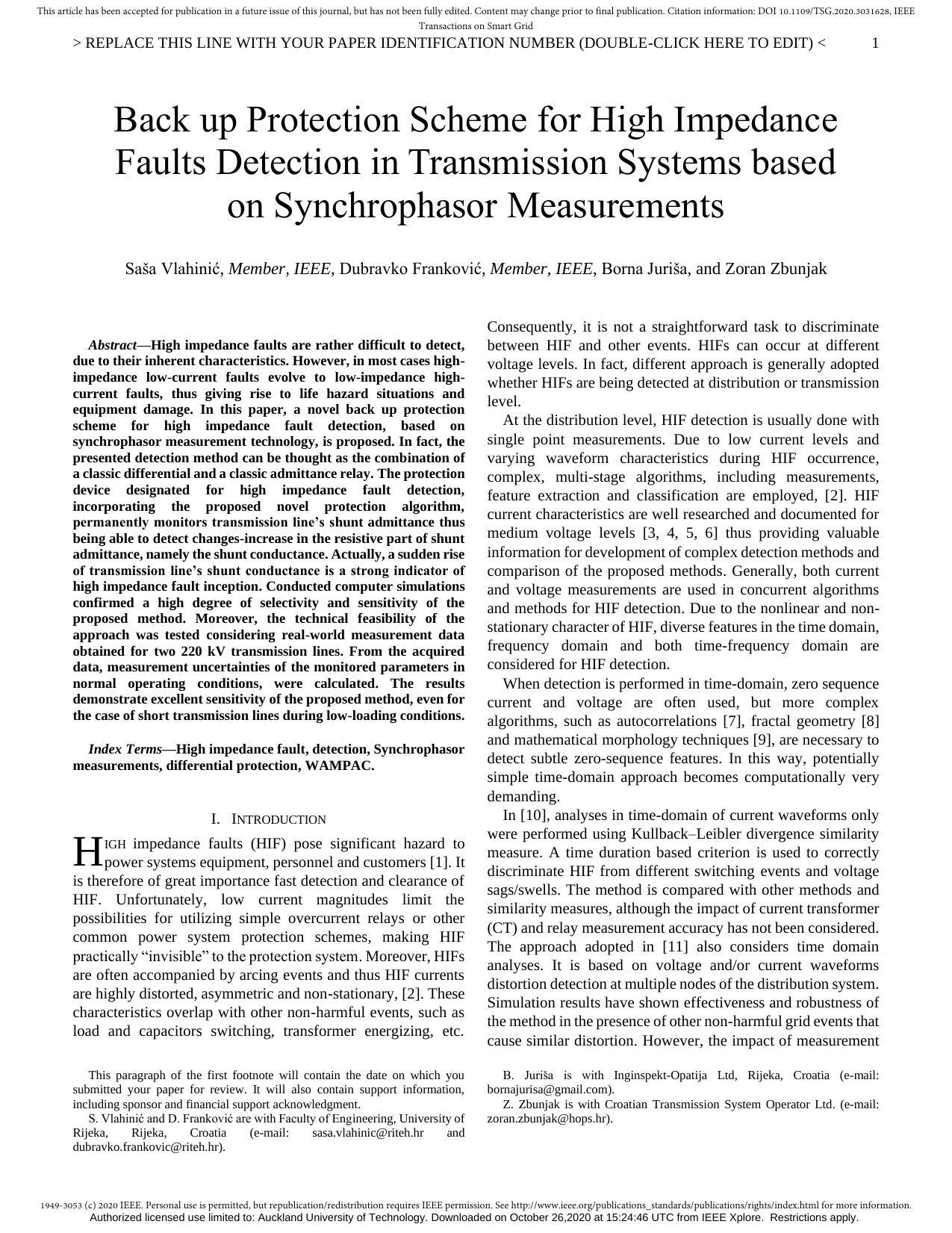 Back up Protection Scheme for High Impedance Faults Detection in Transmission Systems based on Synchrophasor Measurements by Unknown