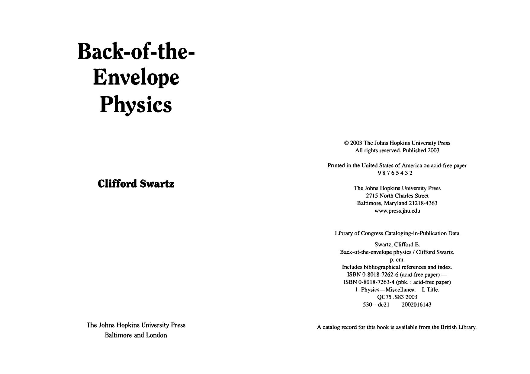 Back-of-the-Envelope Physics by Unknow