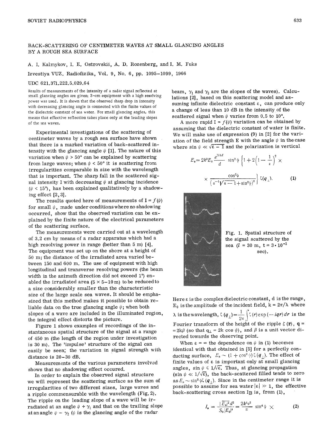 Back-scattering of centimeter waves at small glancing angles by a rough sea surface by Unknown