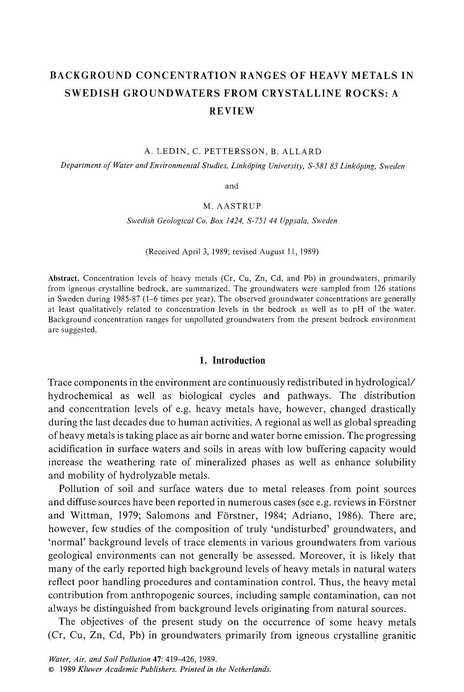 Background concentration ranges of heavy metals in Swedish groundwaters from crystalline rocks: A review by Unknown