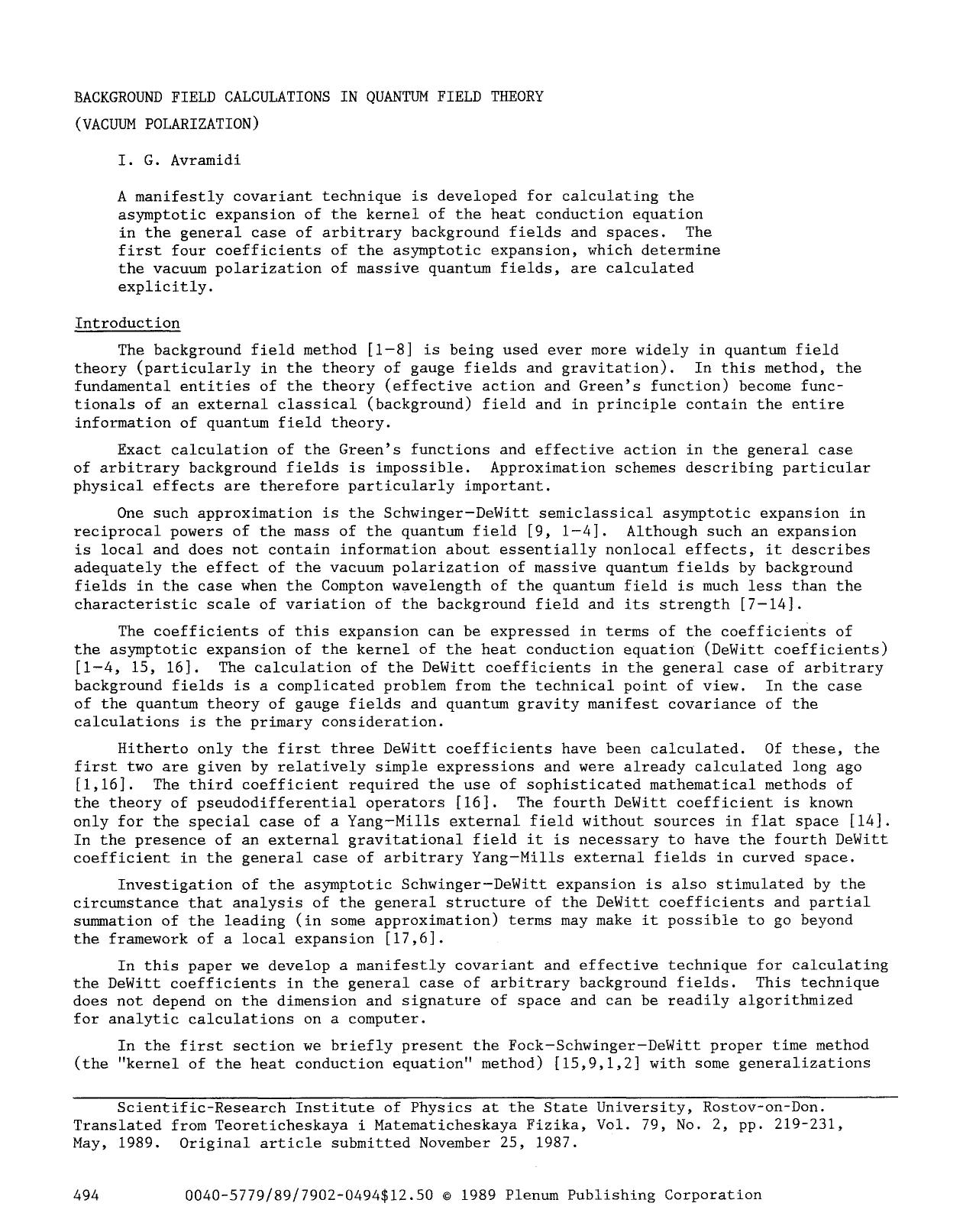Background field calculations in quantum field theory (vacuum polarization) by Unknown