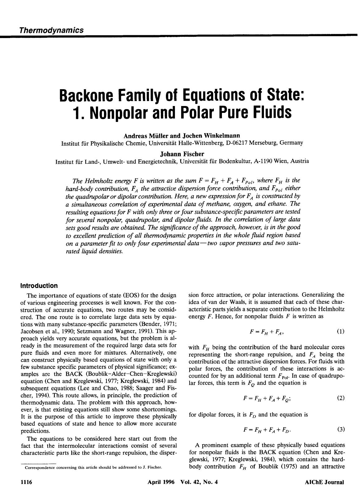 Backone family of equations of state: 1. Nonpolar and polar pure fluids by Unknown