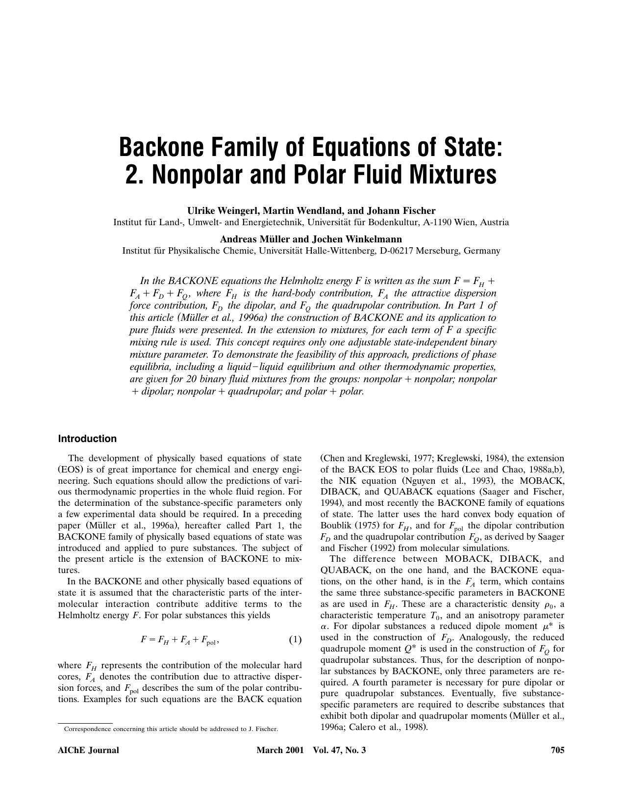 Backone family of equations of state: 2. Nonpolar and polar fluid mixtures by ?