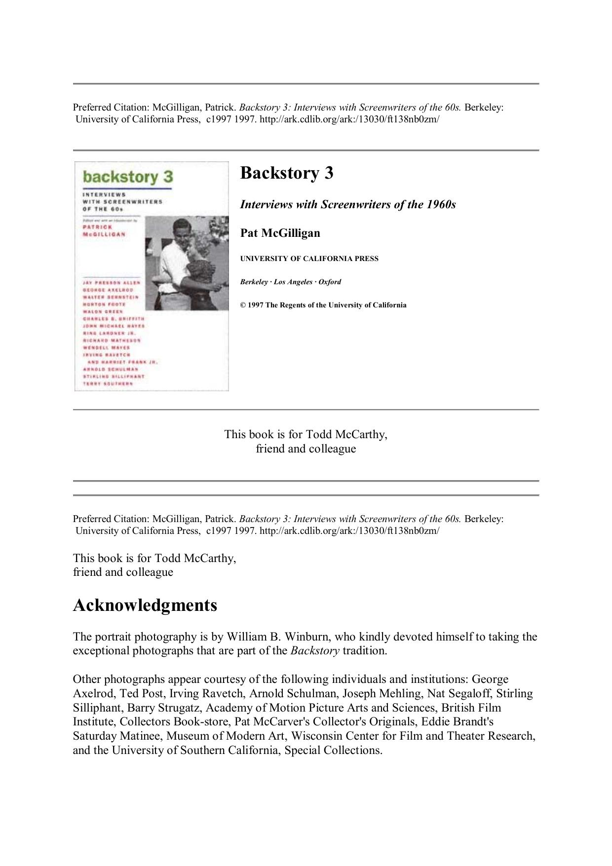Backstory 3: Interviews with Screenwriters of the 1960s by Pat McGilligan