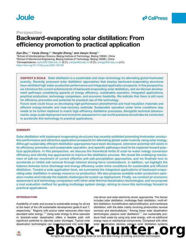 Backward-evaporating solar distillation: From efficiency promotion to practical application by Ziye Zhu & Yanjie Zheng & Hongfei Zheng & Jianyin Xiong