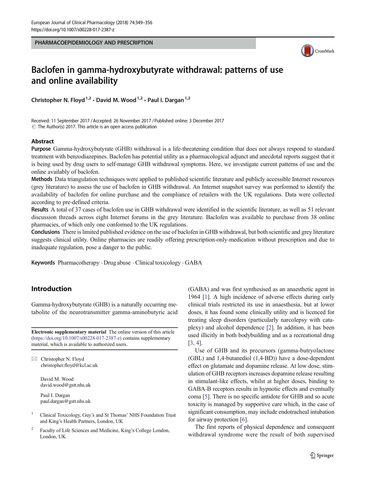 Baclofen in gamma-hydroxybutyrate withdrawal: patterns of use and online availability by Christopher N. Floyd & David M. Wood & Paul I. Dargan
