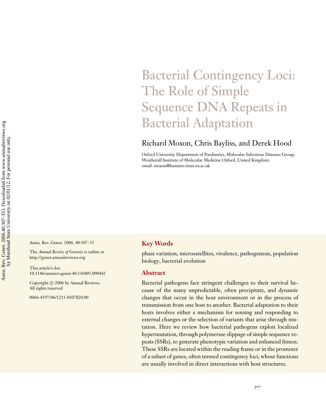 Bacterial Contingency Loci: The Role of Simple Sequence DNA Repeats in Bacterial Adaptation by Richard Moxon Chris Bayliss & Derek Hood