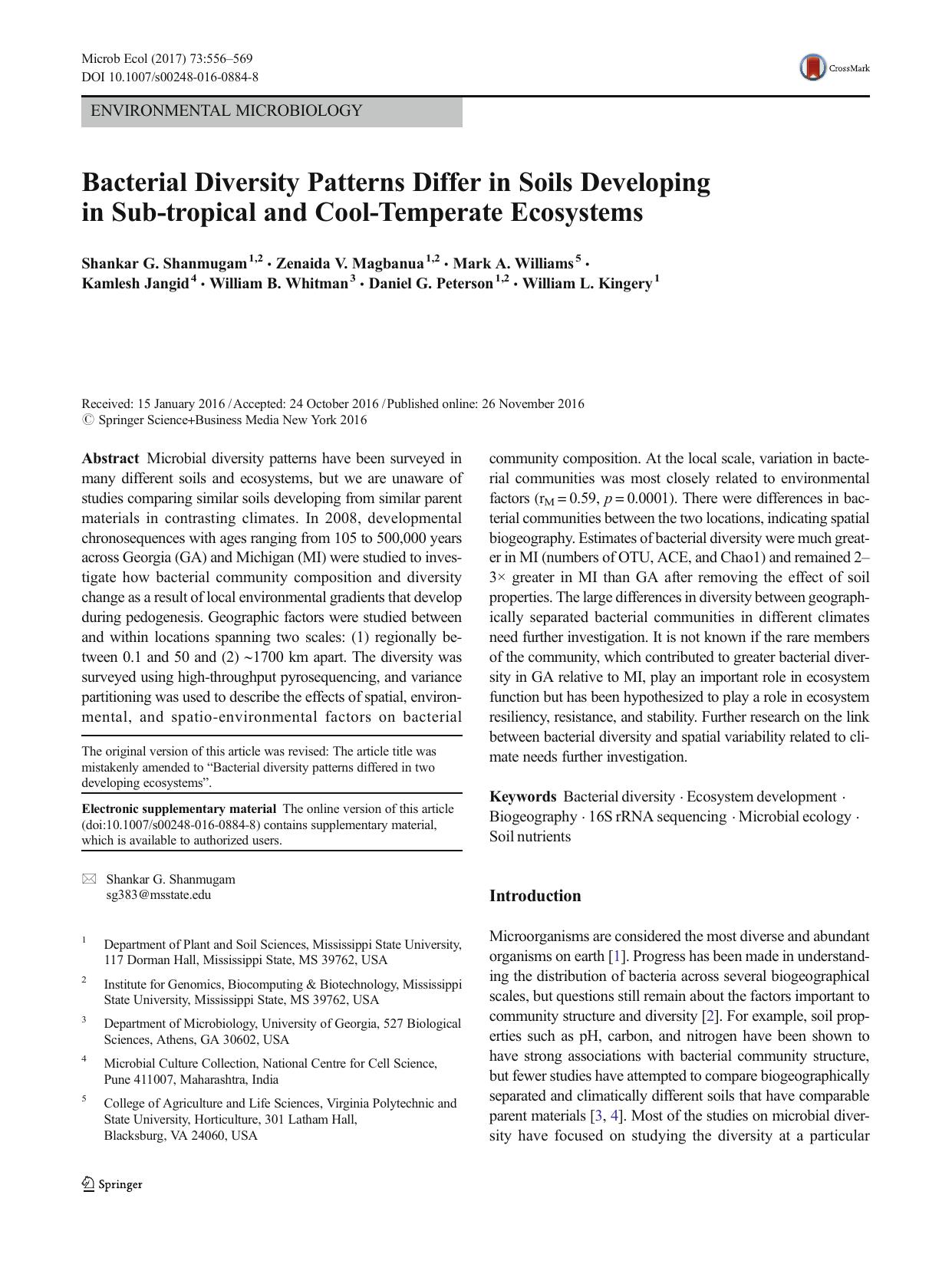 Bacterial Diversity Patterns Differ in Soils Developing in Sub-tropical and Cool-Temperate Ecosystems by unknow