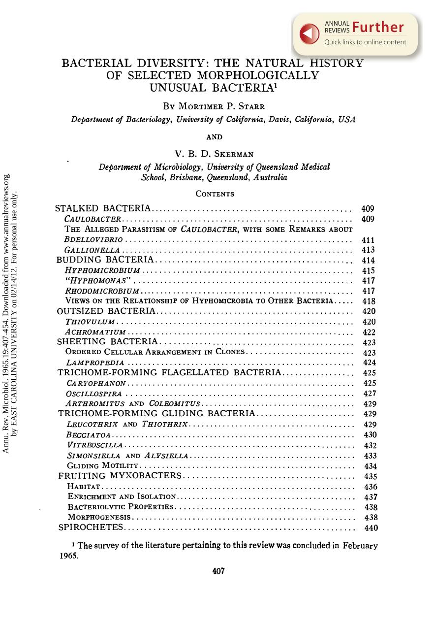 Bacterial Diversity: The Natural History of Selected Morphologically Unusual Bacteria by M P Starr & V B D Skerman