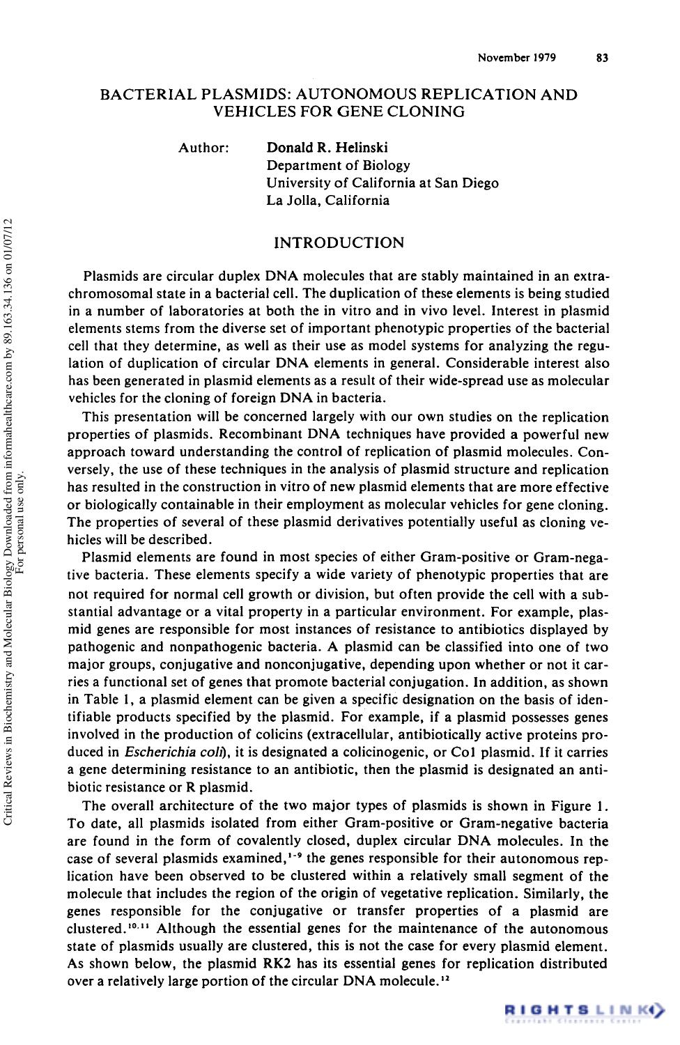 Bacterial Plasmids: Autonomous Replication and Vehicles for Gene Clonin by Donald R. Helinski