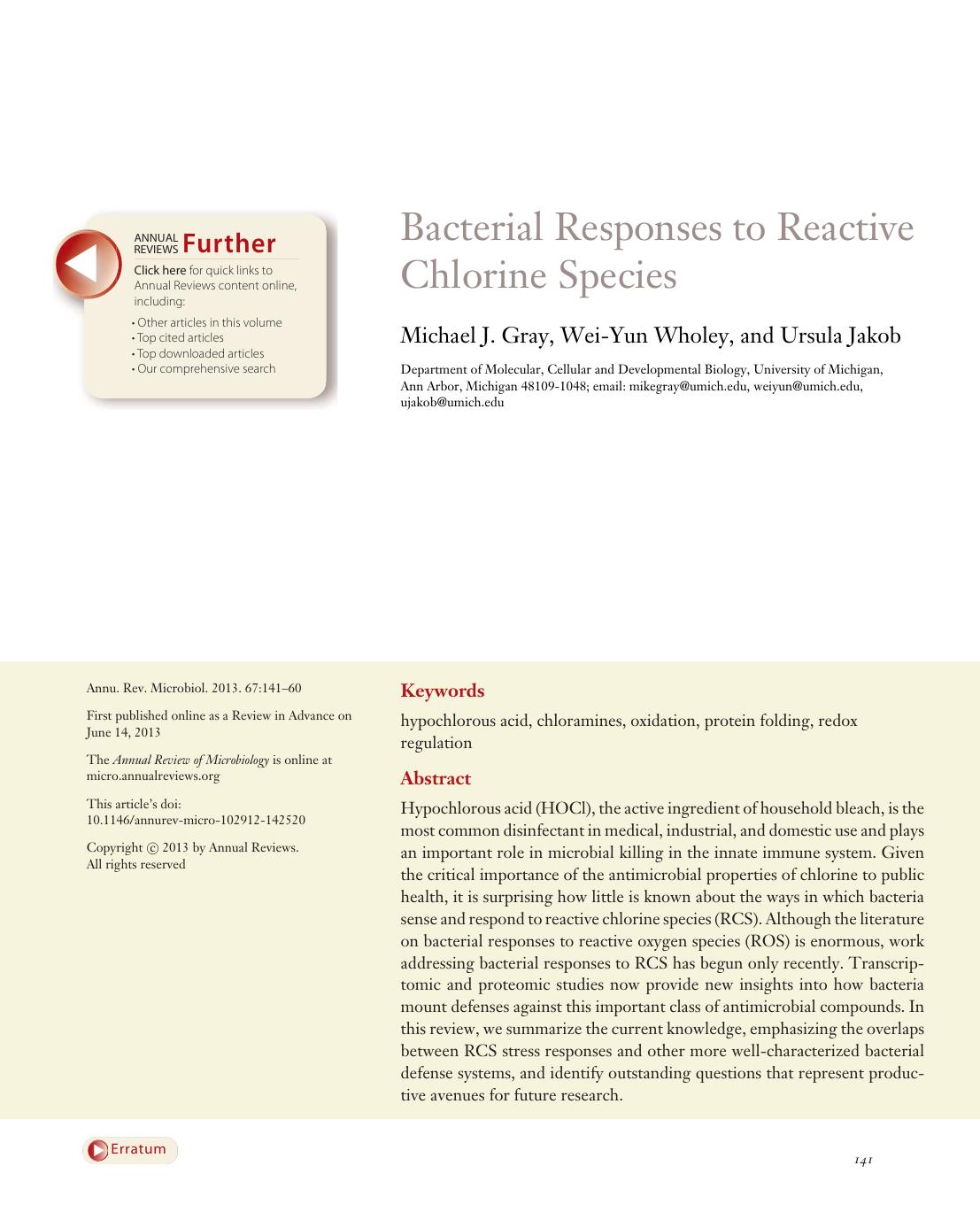 Bacterial Responses to Reactive Chlorine Species by Michael J. Gray Wei-Yun Wholey and Ursula Jakob