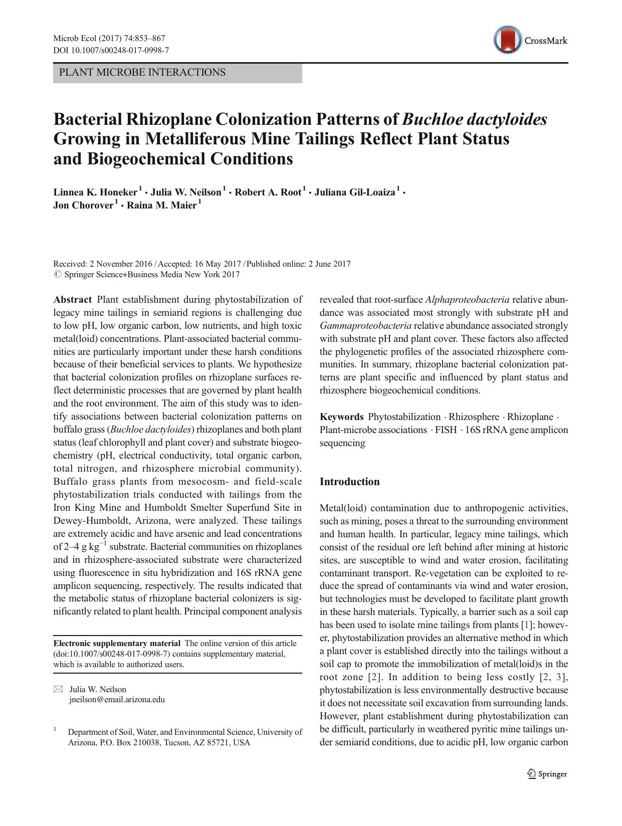 Bacterial Rhizoplane Colonization Patterns of Buchloe dactyloides Growing in Metalliferous Mine Tailings Reflect Plant Status and Biogeochemical Conditions by unknow