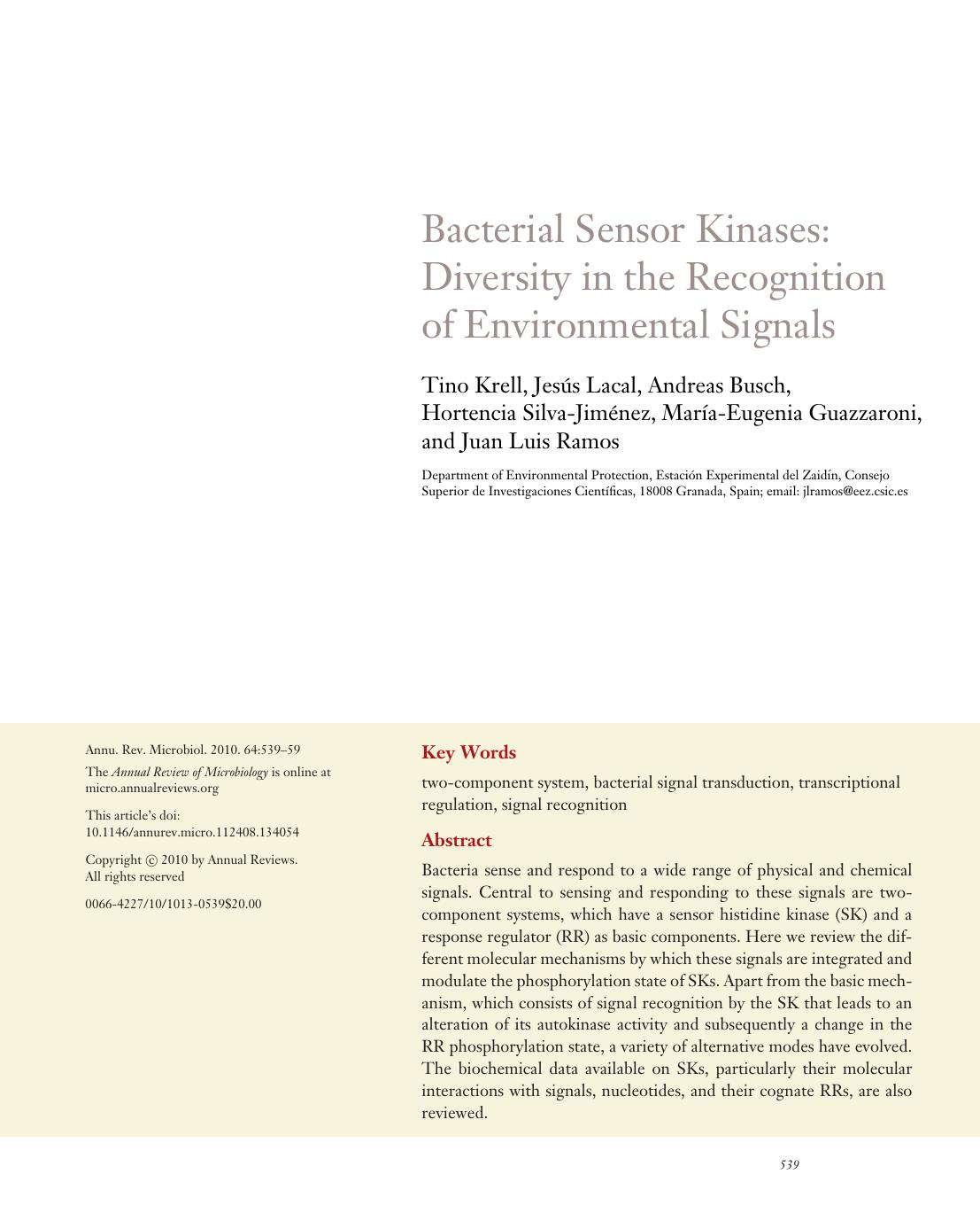Bacterial Sensor Kinases: Diversity in the Recognition of Environmental Signals by unknow