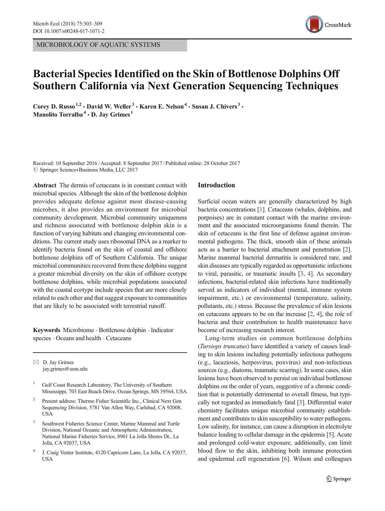 Bacterial Species Identified on the Skin of Bottlenose Dolphins Off Southern California via Next Generation Sequencing Techniques by unknow