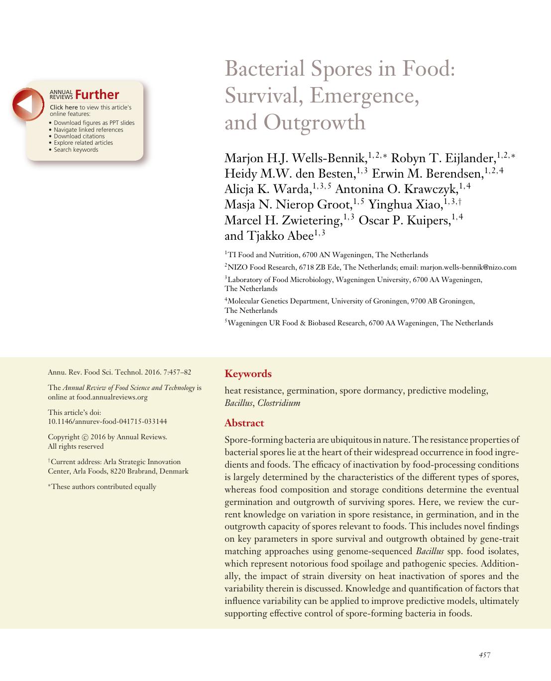 Bacterial Spores in Food: Survival, Emergence, and Outgrowth by unknow