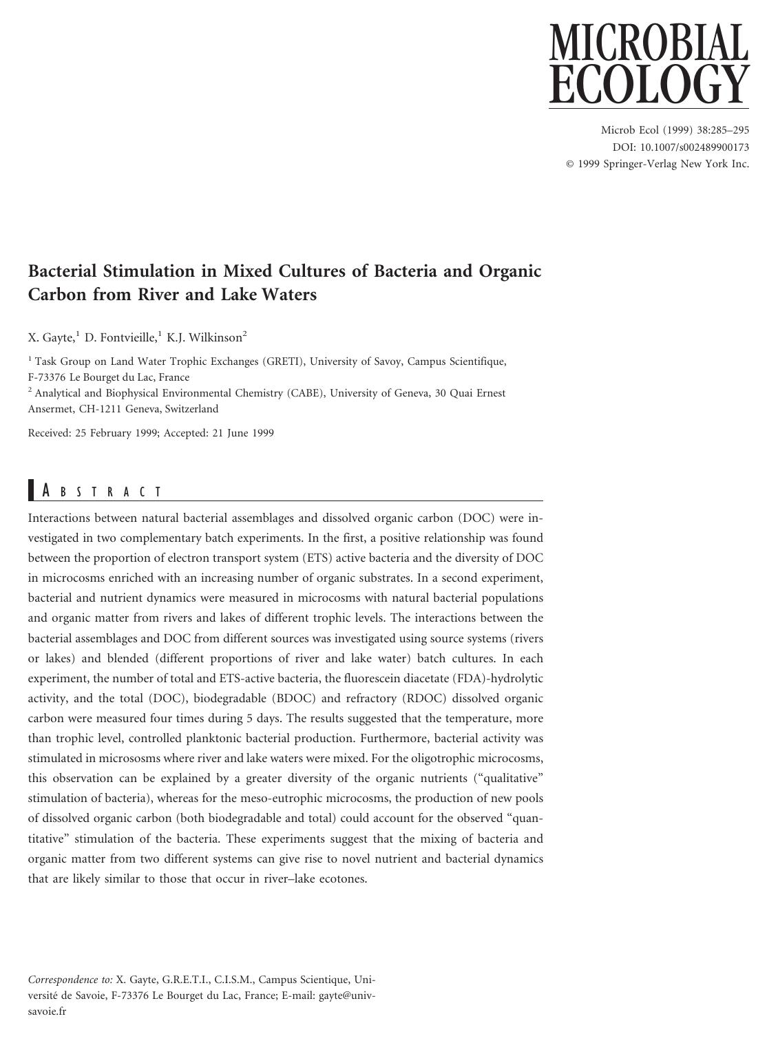 Bacterial Stimulation in Mixed Cultures of Bacteria and Organic Carbon from River and Lake Waters by Gayte X. et al