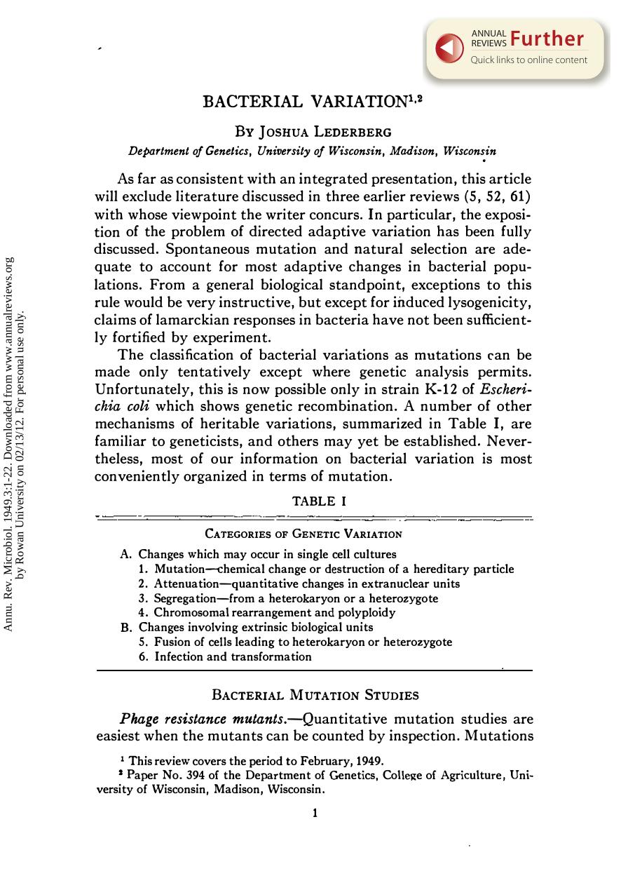 Bacterial Variation by J Lederberg