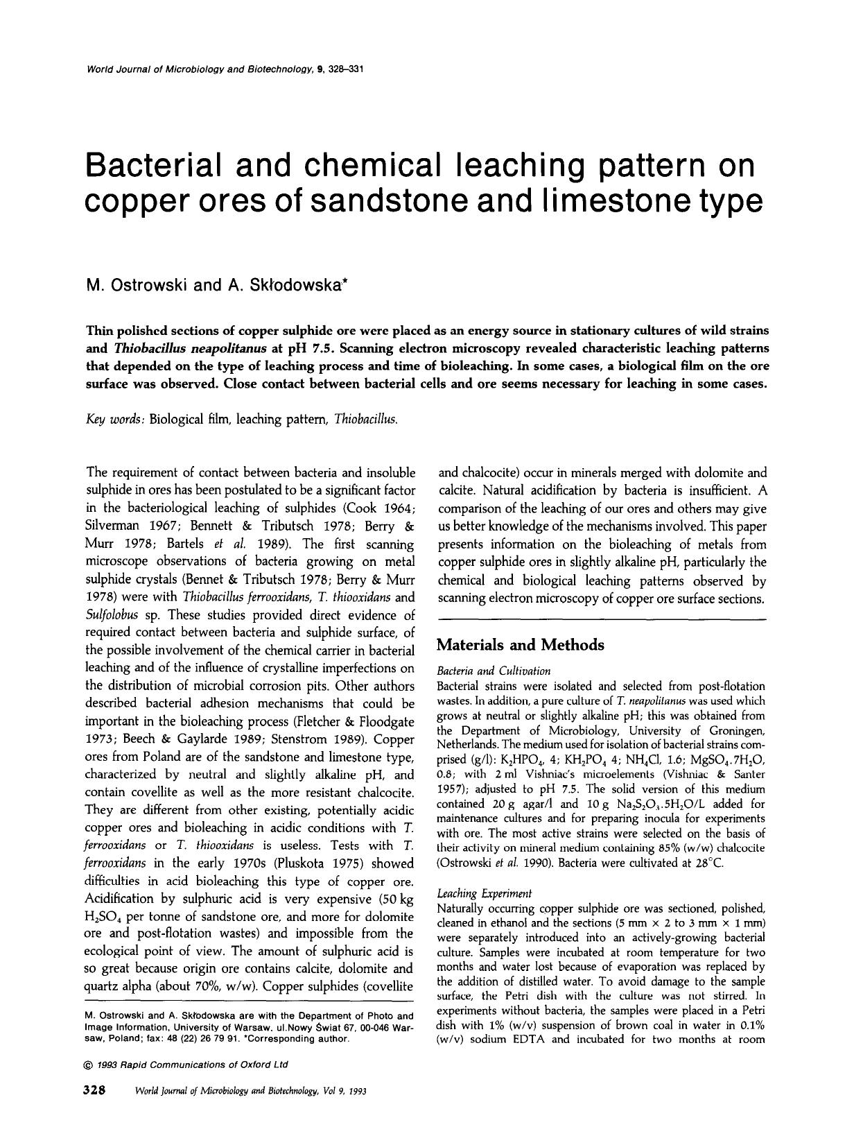 Bacterial and chemical leaching pattern on copper ores of sandstone and limestone type by Unknown