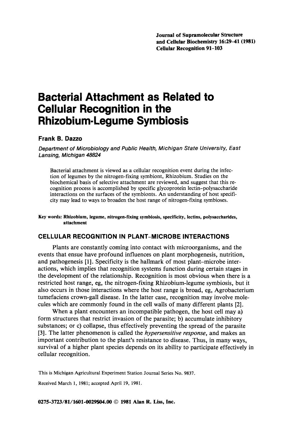 Bacterial attachment as related to cellular recognition in the rhizobium-legume symbiosis by Unknown